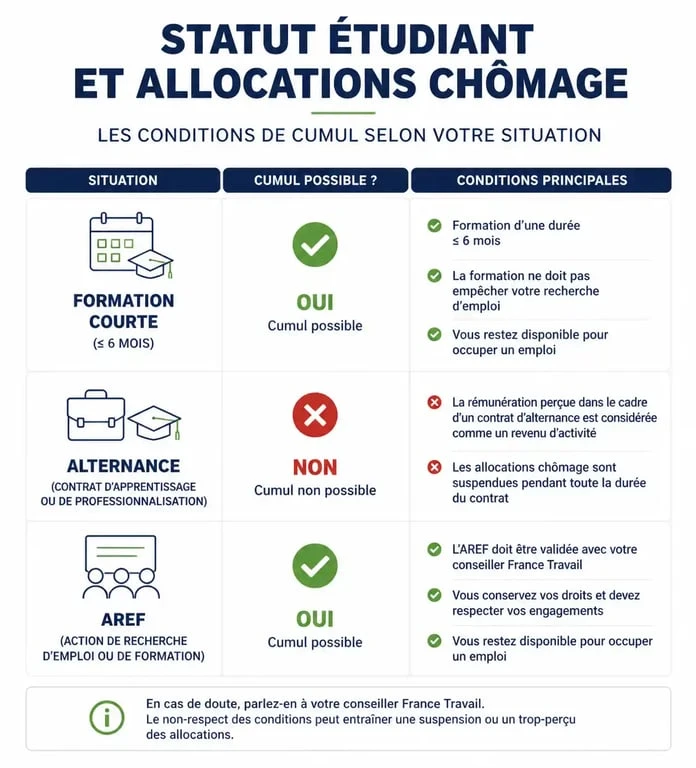 Tableau récapitulatif des conditions de cumul entre statut étudiant et allocations chômage France Travail