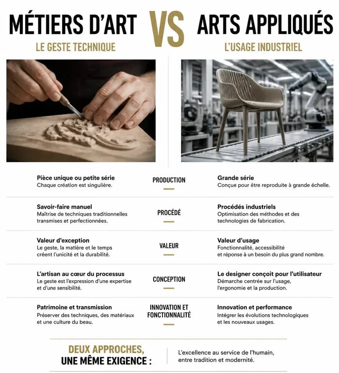 Infographie comparative des métiers créatifs : métiers d'art versus arts appliqués