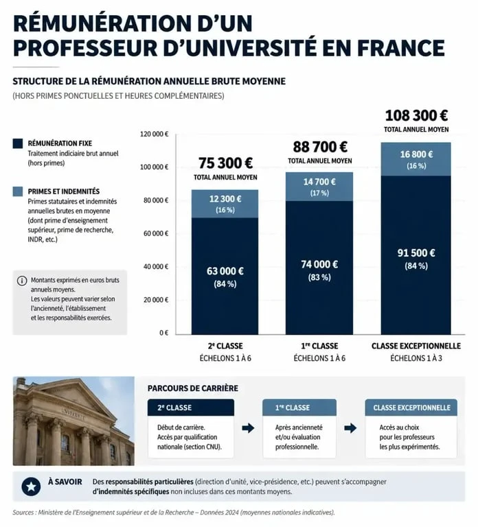 Infographie sur la grille salariale et l'évolution du salaire d'un professeur d'université en France