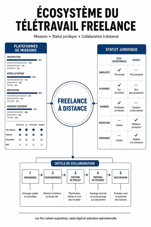 Infographie sur le fonctionnement du télétravail en ligne freelance et les étapes pour réussir sa transition.