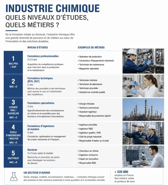 Infographie des métiers de la chimie et niveaux d'études