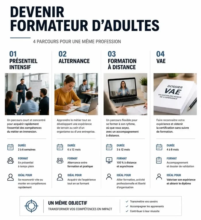 Infographie des parcours de formation pour devenir formateur professionnel d'adultes