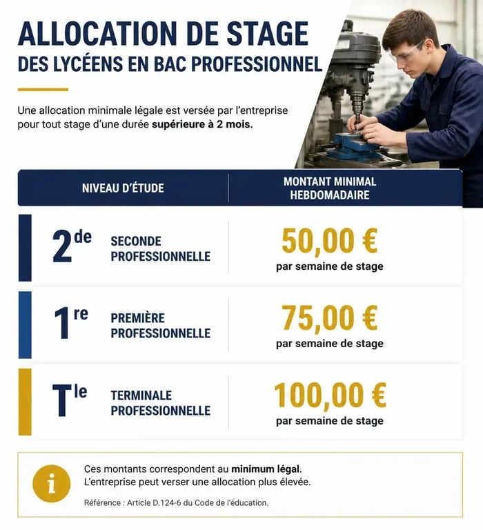 Tableau récapitulatif des montants de l'allocation de stage en bac pro par niveau d'étude