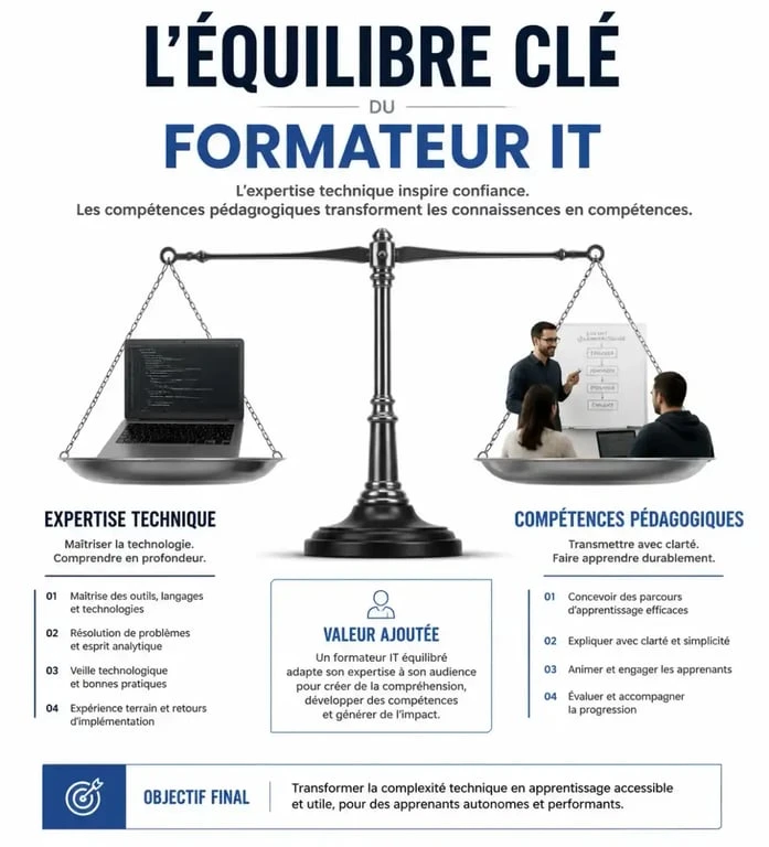 Infographie illustrant les compétences clés d'un formateur informatique entre expertise technique et pédagogie