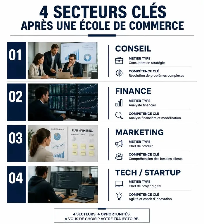 Infographie des débouchés professionnels après une école de commerce : secteurs, métiers et compétences clés.