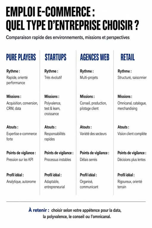 Infographie comparative des types d'entreprises pour trouver un emploi e-commerce