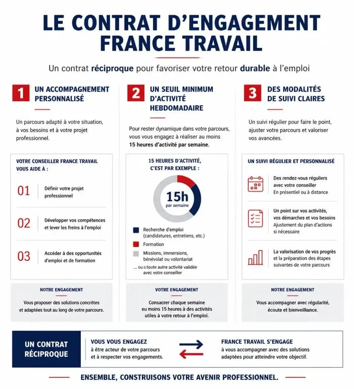 Infographie explicative du contrat d'engagement France Travail et ses obligations