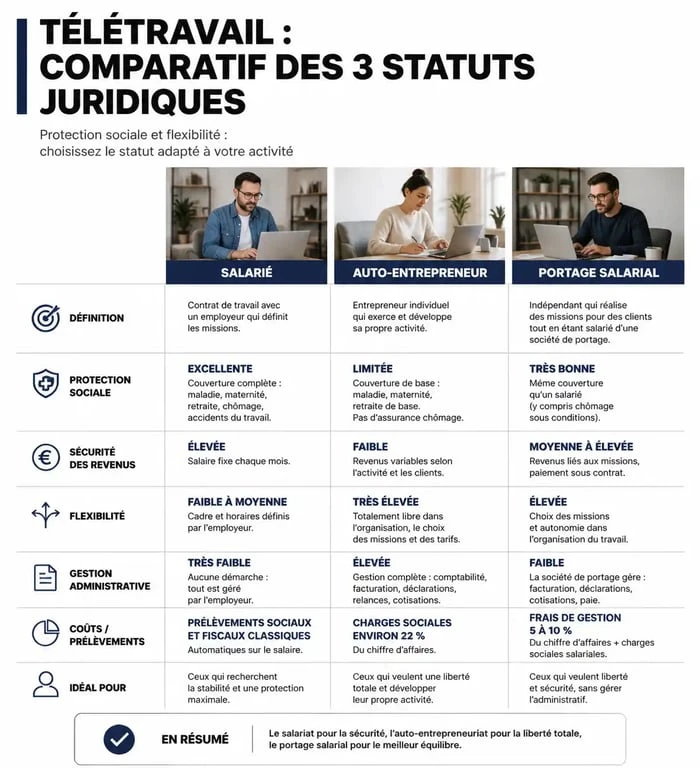 Comparatif des statuts juridiques pour le télétravail à domicile en saisie informatique