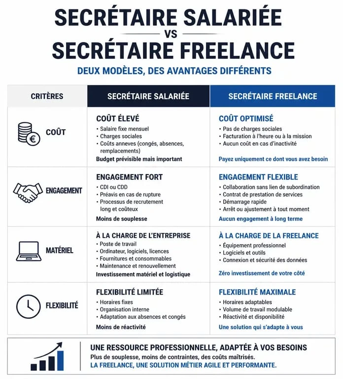 Infographie comparative : secrétaire salariée vs secrétaire freelance pour les entreprises