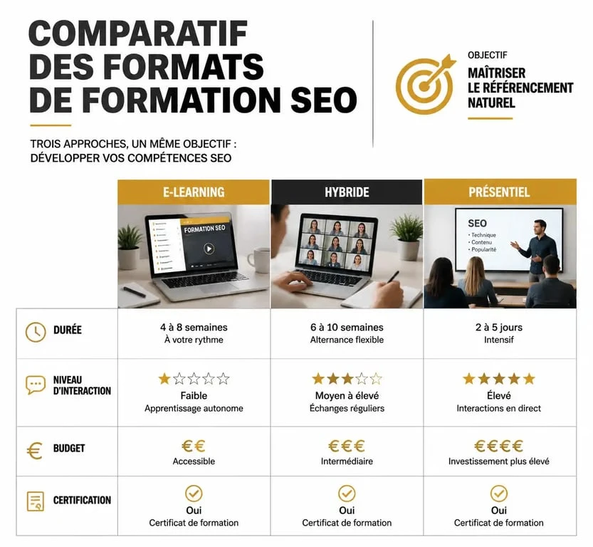 Comparatif des différents formats de formation SEO pour choisir la meilleure option selon ses besoins.