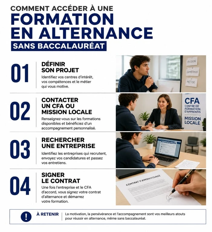 Infographie des étapes pour trouver une formation en alternance sans bac