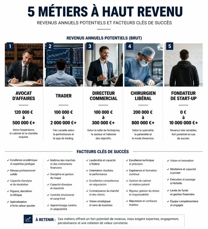 Infographie des métiers pour devenir riche : salaires et facteurs de succès par secteur