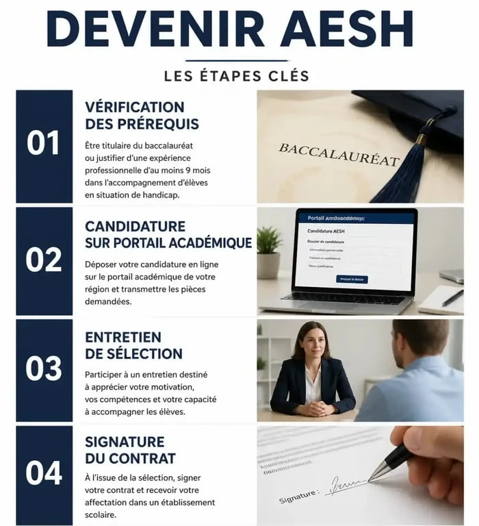 Infographie des étapes pour devenir AESH : recrutement et parcours professionnel