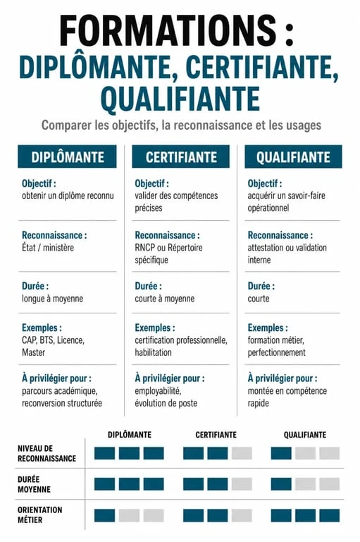 Comparatif des types de formation : diplômante, certifiante et qualifiante pour choisir sa formation diplômante