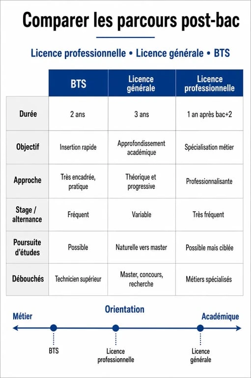 Infographie comparative des diplômes bac+3 : licence professionnelle, licence générale et BTS