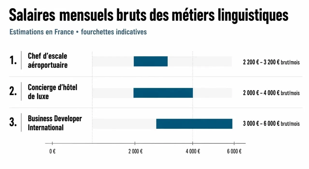 Infographie des salaires des métiers utilisant les langues étrangères pour une carrière bien payée