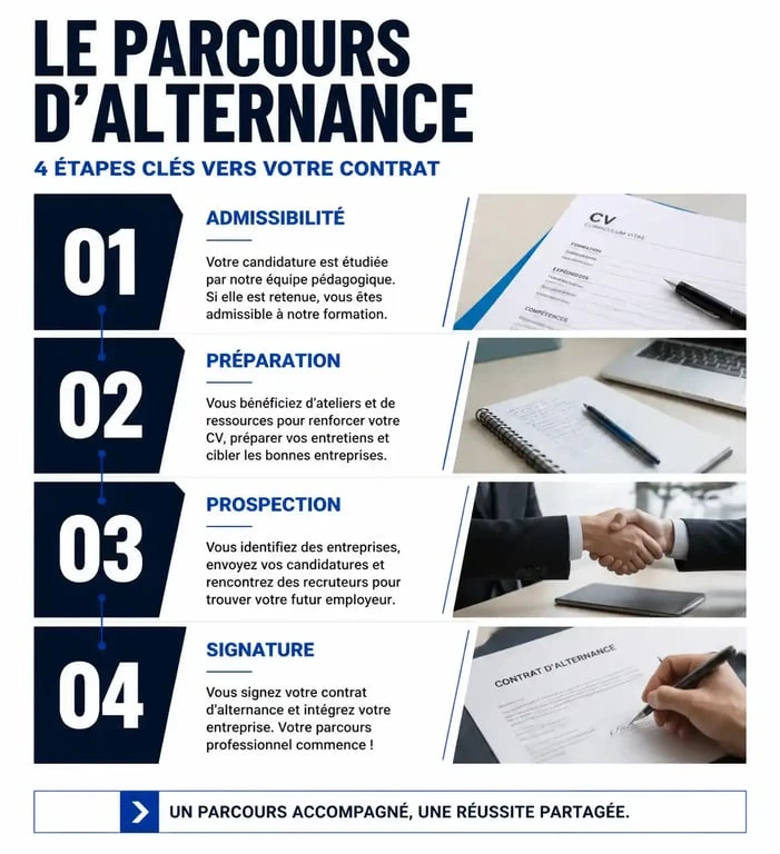 Infographie du processus d'alternance OpenClassrooms : étapes de l'admissibilité à la signature du contrat