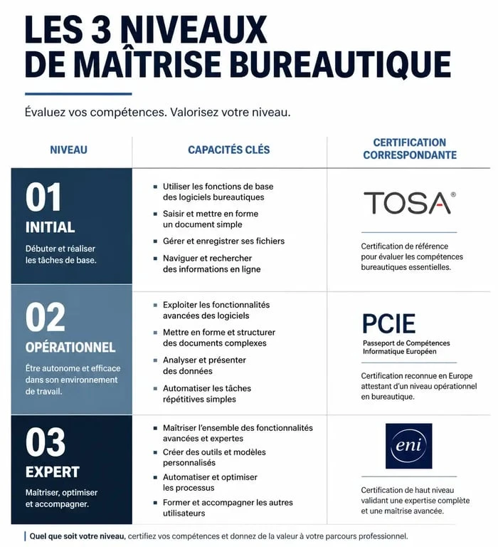Infographie des niveaux de compétences bureautiques et certifications associées