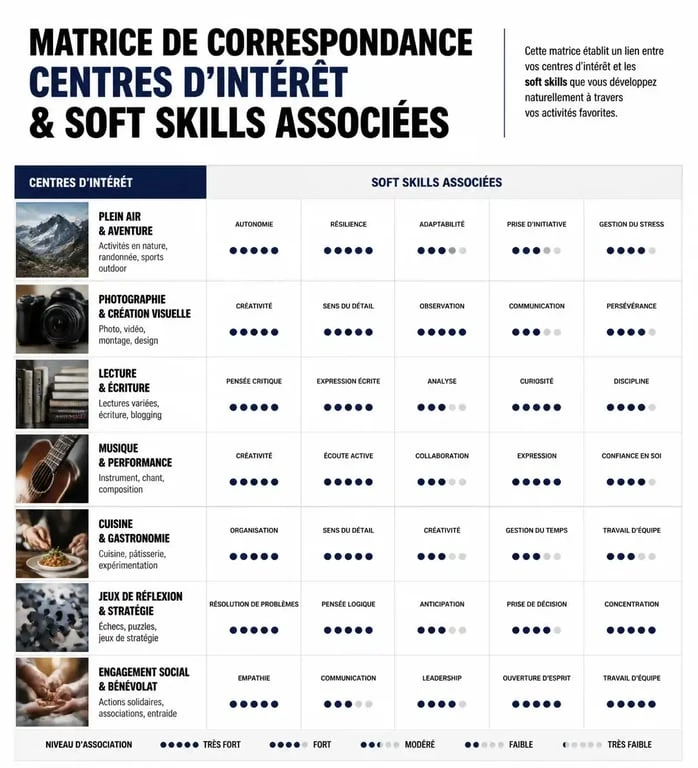 Infographie des centres d'intérêt sur un CV et soft skills associées pour optimiser sa candidature