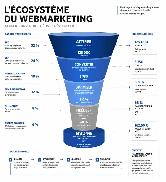 Schéma illustrant l'écosystème du webmarketing, de l'acquisition à la fidélisation