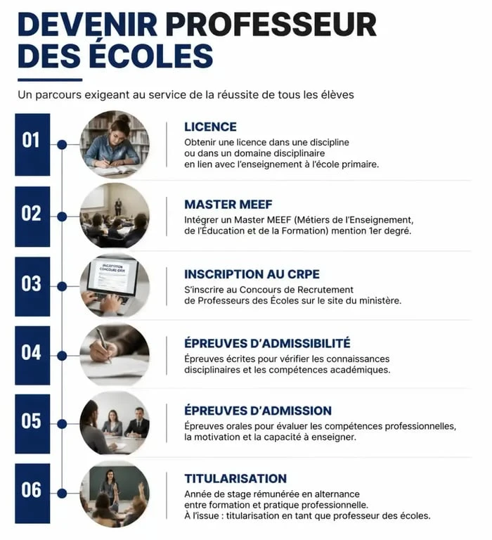 Infographie des étapes du parcours pour devenir professeur des écoles et réussir le CRPE