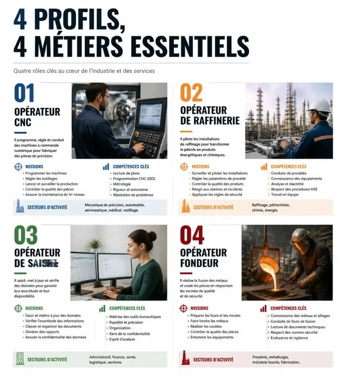 Infographie des métiers d'opérateur industriel commençant par la lettre O