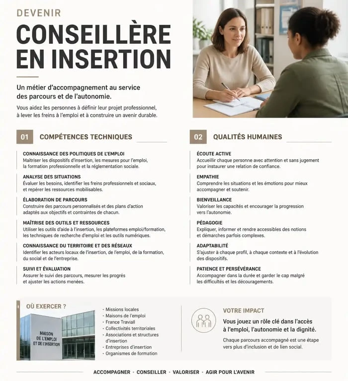 Infographie des compétences et qualités pour le métier de conseillère en insertion