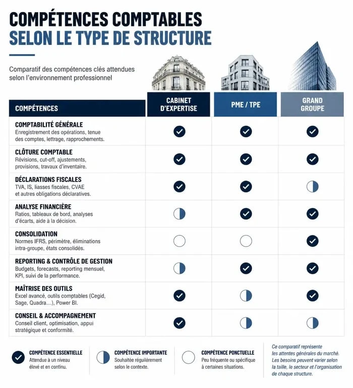 Tableau comparatif des compétences comptables selon le type d'entreprise : cabinet, PME et grand groupe.
