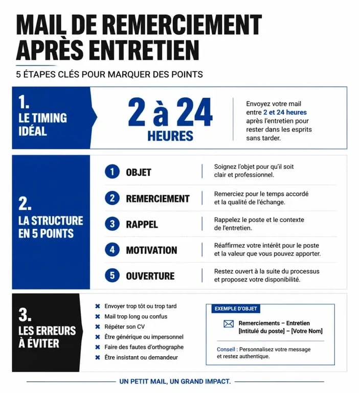 Infographie des étapes clés pour rédiger un mail de remerciement après entretien d'embauche