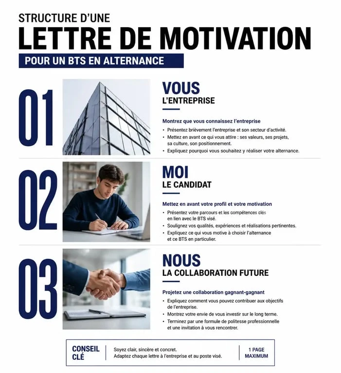 Schéma de la structure d'une lettre de motivation pour un BTS en alternance : méthode Vous, Moi, Nous.