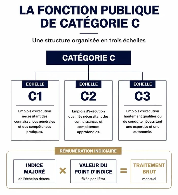 Infographie explicative de la grille indiciaire catégorie C et du calcul du traitement brut des fonctionnaires