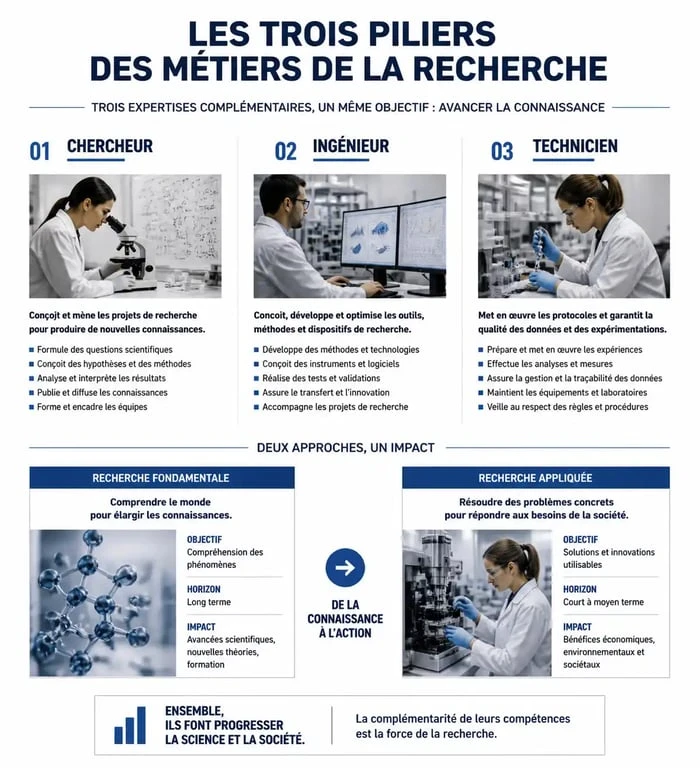Infographie sur les différents métiers de la recherche scientifique et leurs rôles