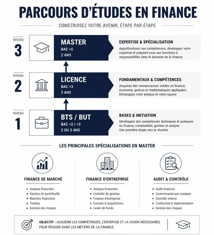 Infographie des parcours d'études en finance et débouchés professionnels