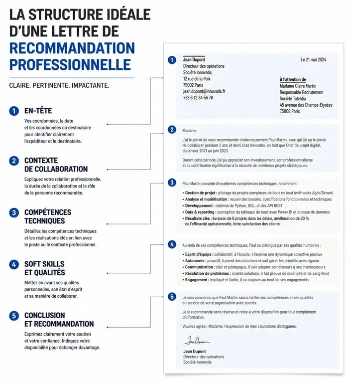 Infographie de la structure d'un modèle lettre de recommandation professionnelle