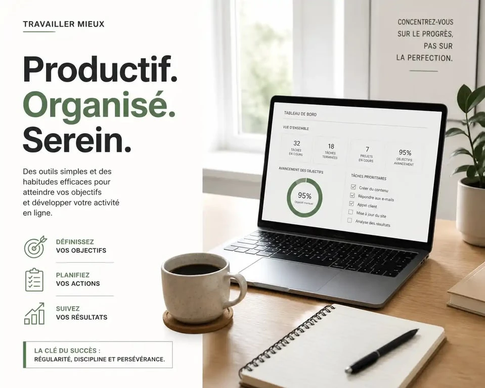 Espace de travail organisé pour le travail en ligne à domicile avec ordinateur et carnet