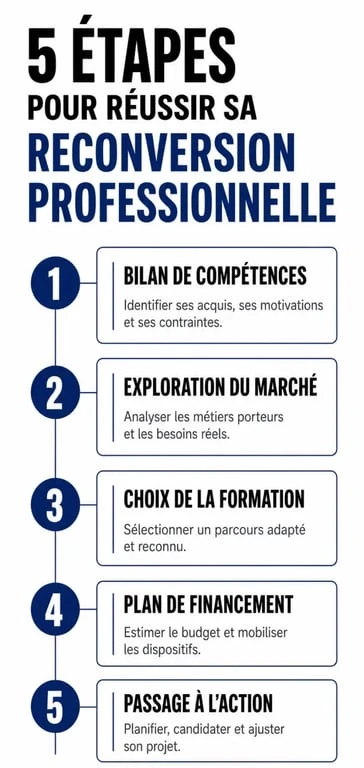 Infographie des 5 étapes clés d'une reconversion professionnelle pour réussir sa transition de carrière