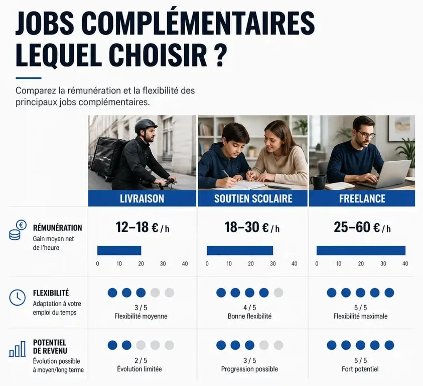 Infographie comparative des options de job complément de salaire pour augmenter ses revenus mensuels