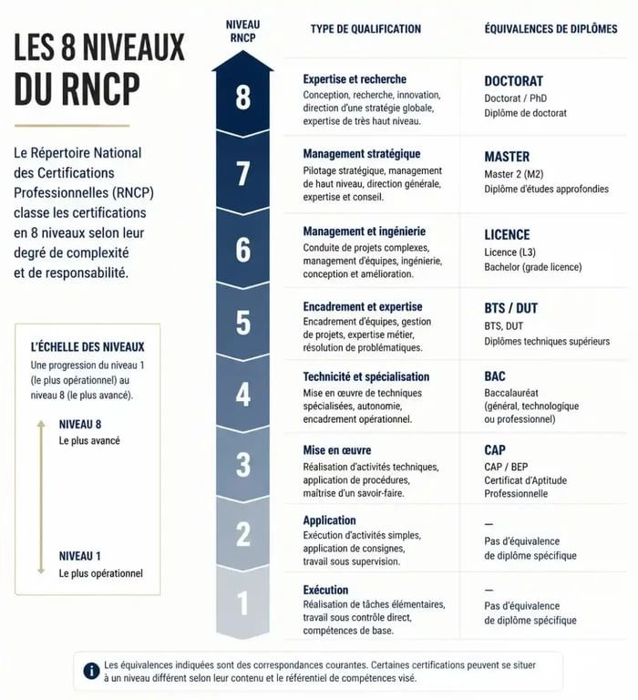 Tableau récapitulatif des 8 niveaux RNCP et équivalences de diplômes
