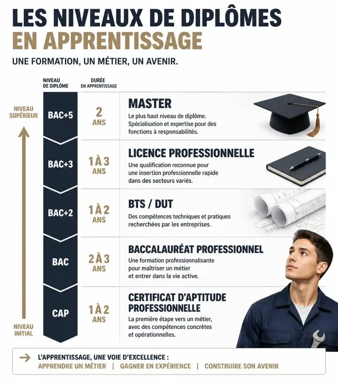 Infographie des niveaux de diplômes accessibles en apprentissage, du CAP au Master, pour s'orienter vers un métier en apprentissage.