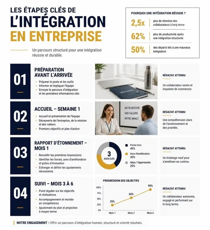 Infographie des étapes clés de l'intégration en entreprise pour réussir l'onboarding des nouveaux collaborateurs