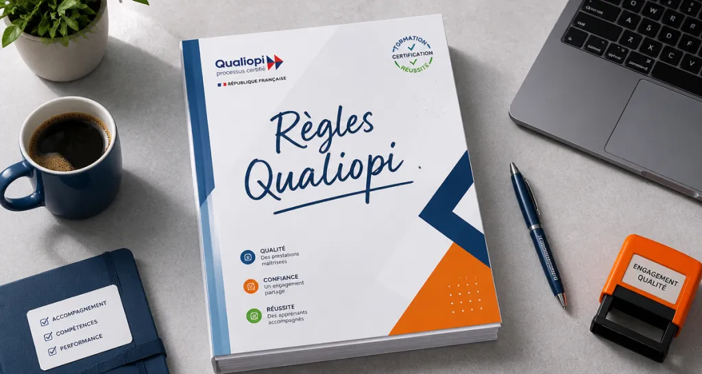 logo qualiopi action de formation sur bureau de formateur