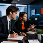 Master finance alternance, étudiants en open space bancaire