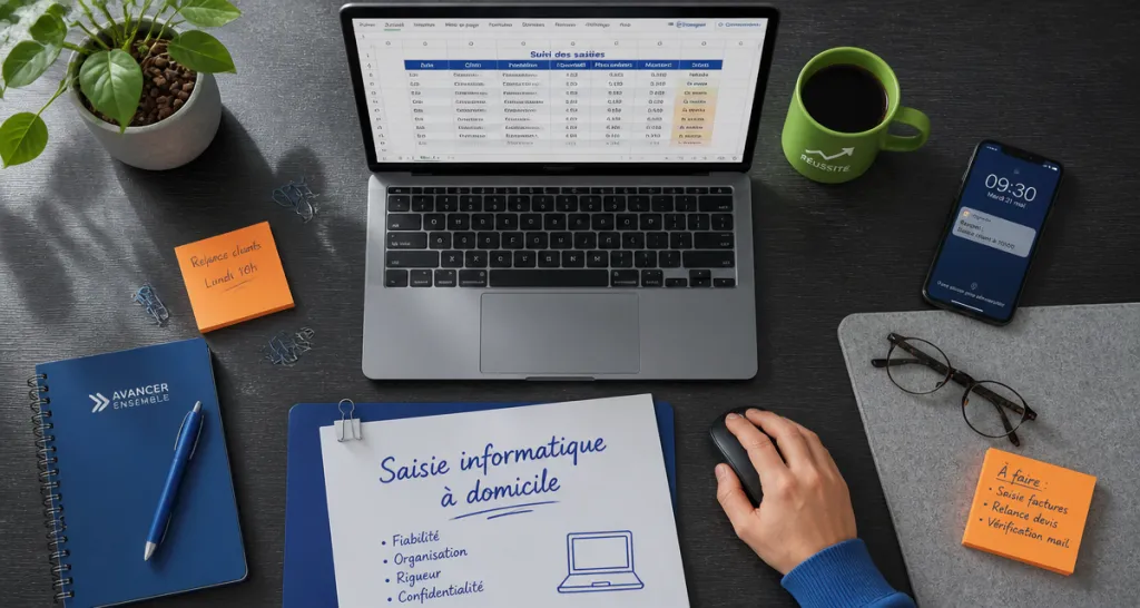 Télétravail à domicile saisie informatique sur bureau moderne