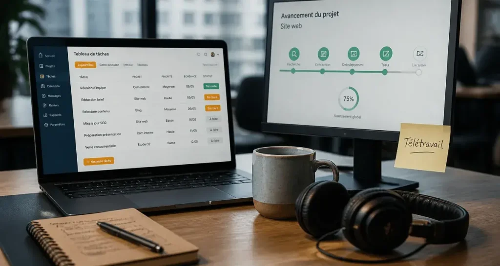 Travail a distance : coworking calme, bureau et ordinateur pour télétravail