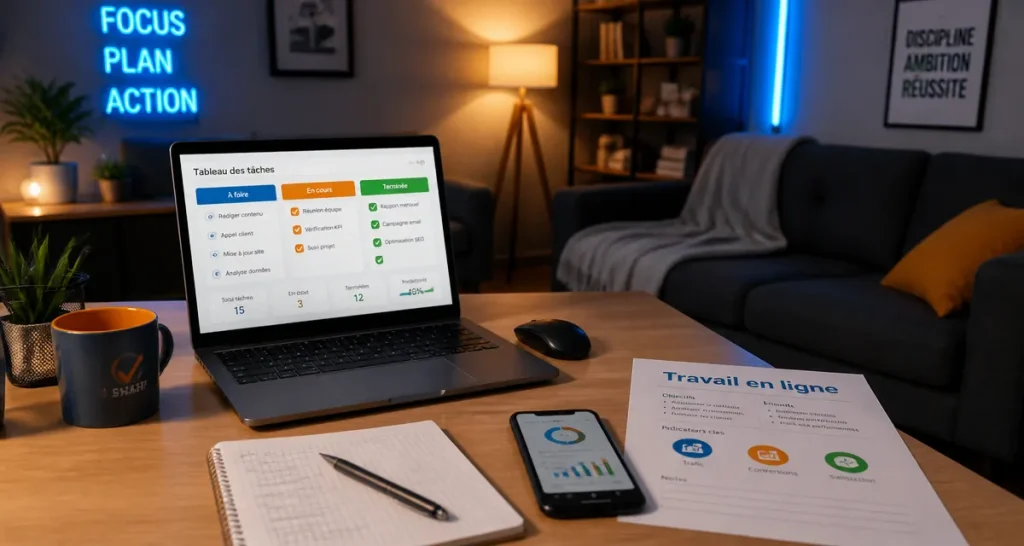 Travail en ligne à domicile : bureau avec ordinateur et tâches