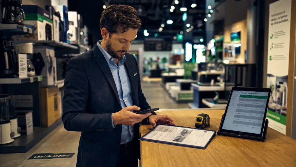 Chef de secteur high tech sur le terrain, smartphone et ventes en magasin
