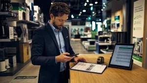 Chef de secteur high tech sur le terrain, smartphone et ventes en magasin