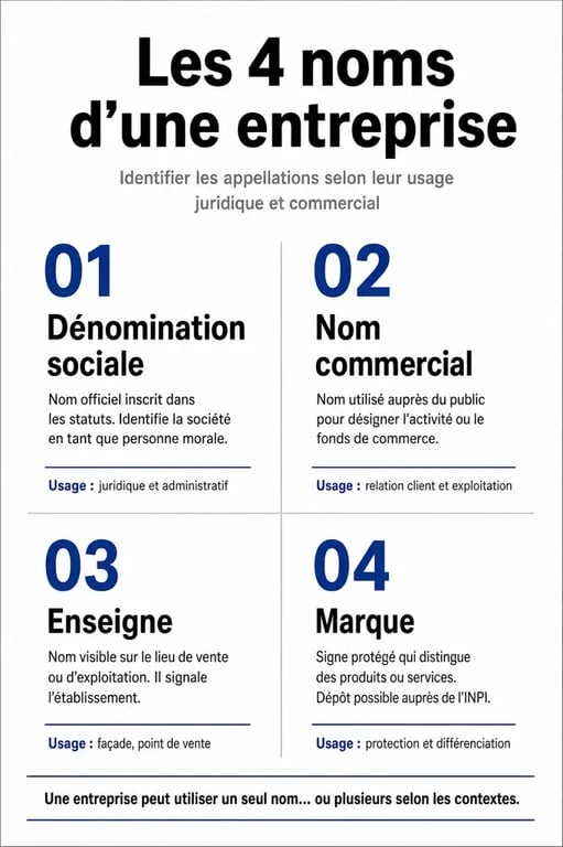 Différences entre dénomination sociale, nom commercial, enseigne et marque pour vérifier la disponibilité du nom d'entreprise