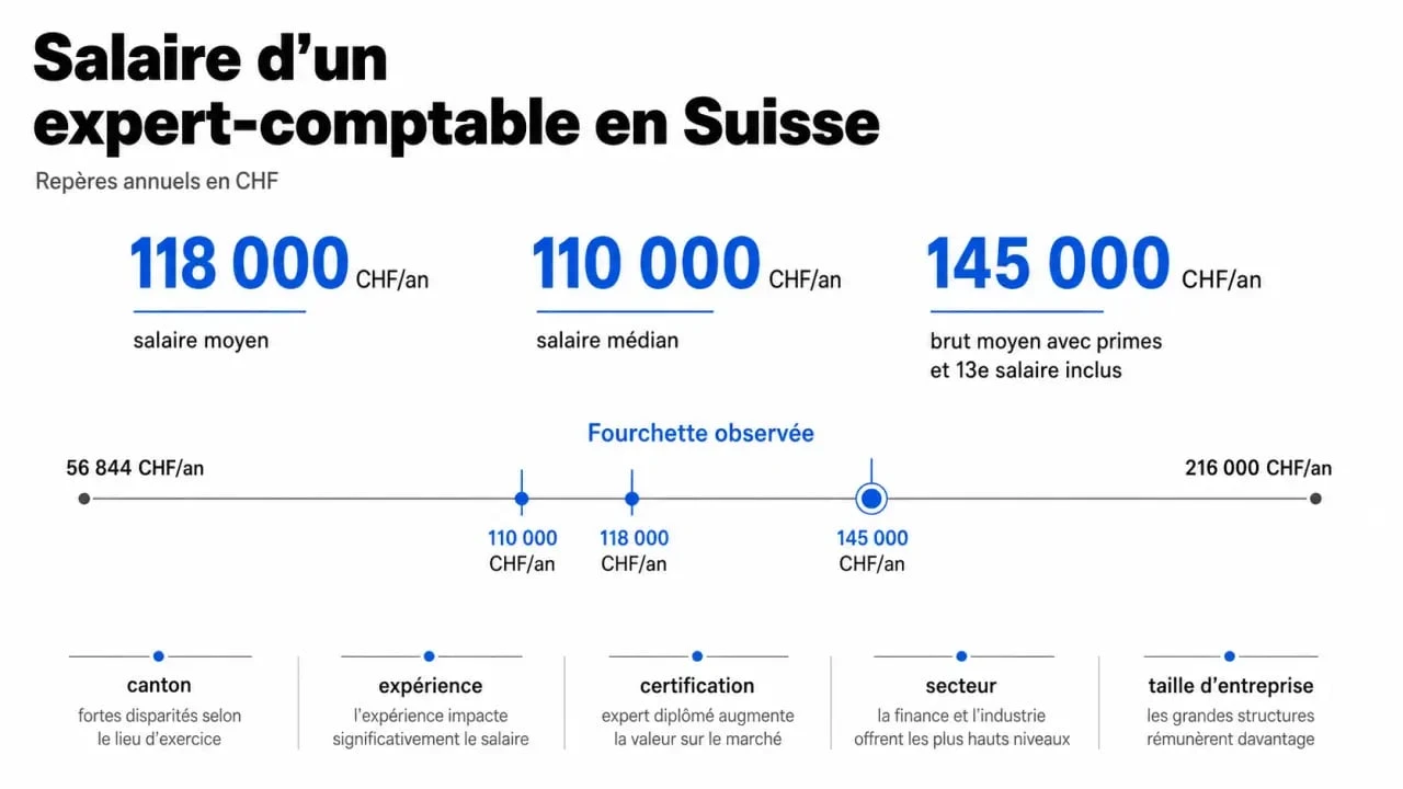 Expert comptable salaire suisse : comparaison visuelle du salaire moyen, médian et des fourchettes de rémunération en Suisse