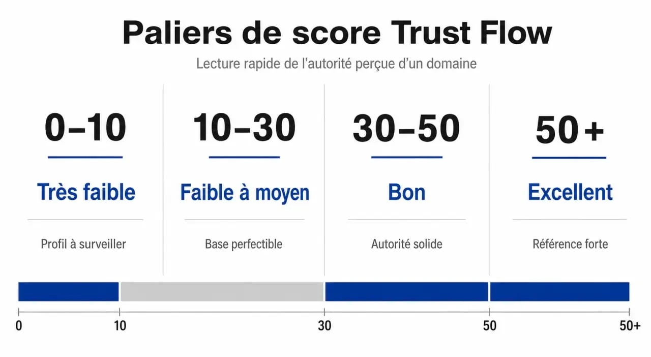 Infographie des paliers de Trust Flow pour évaluer la qualité des backlinks d'un site web